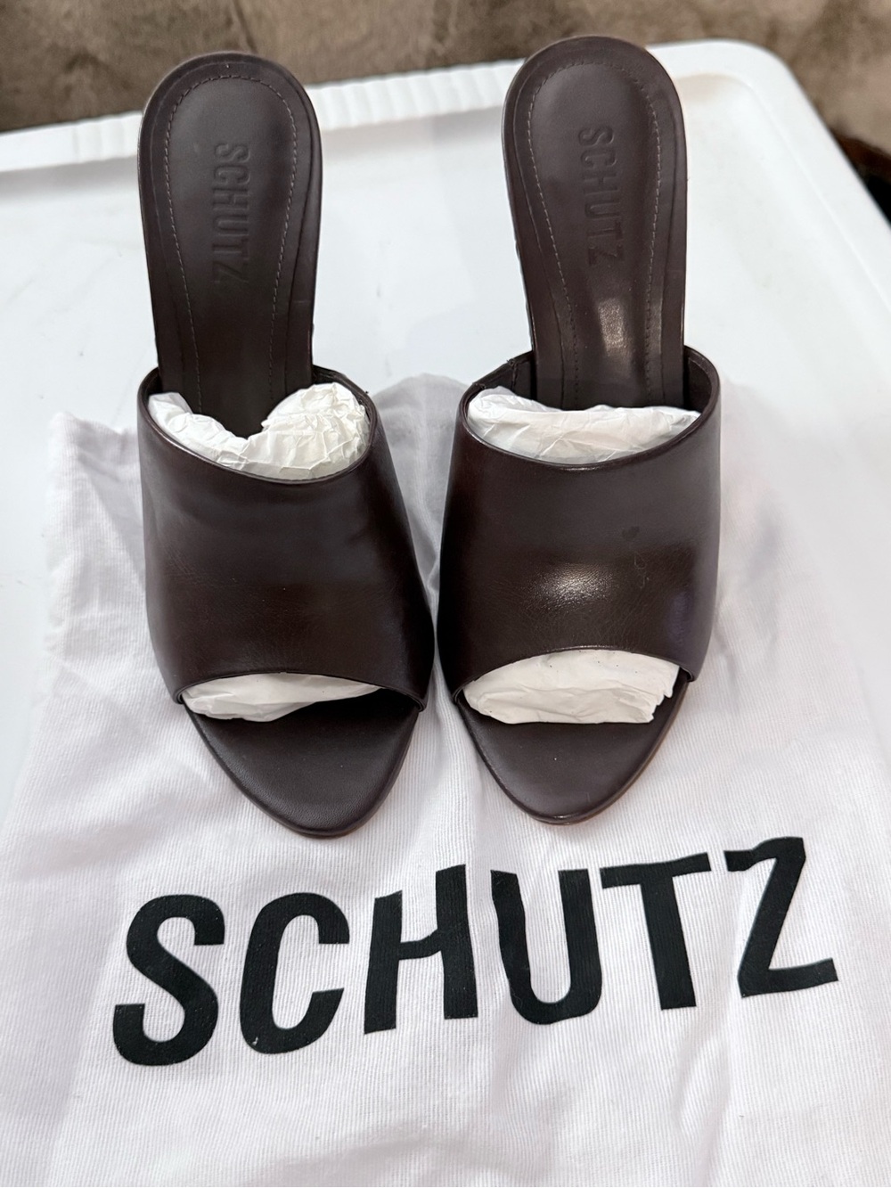 SCHUTZ Dark Brown Leather Open-Toe Mule Heels